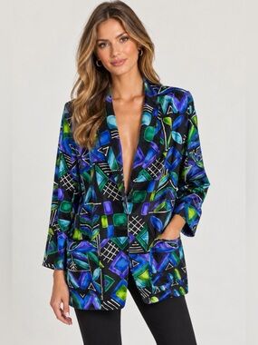 Vtg Kensington Square Abstract Geometric Blazer M Black Blue Green Art 80s 90s